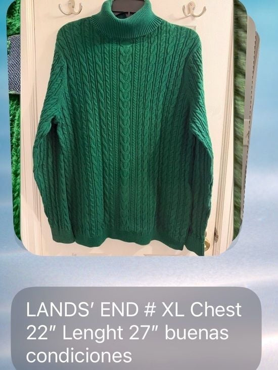 Lands' End Green Cable Knit Turtleneck Sweater XL Extra Large