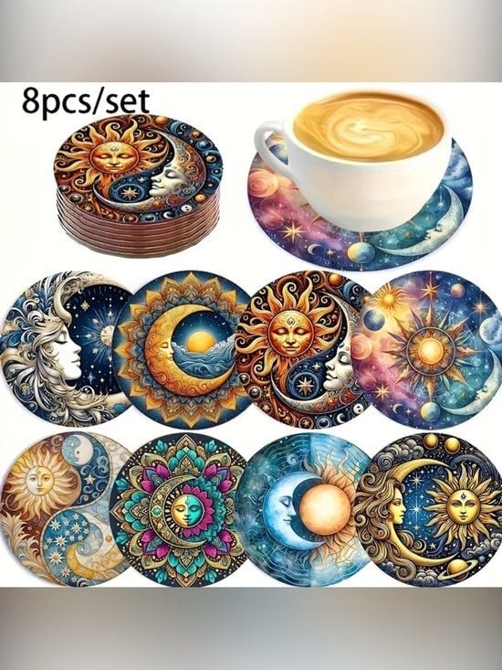 8 Piece Celestial Sun & Moon Round Drink Coasters – Multicolor Set