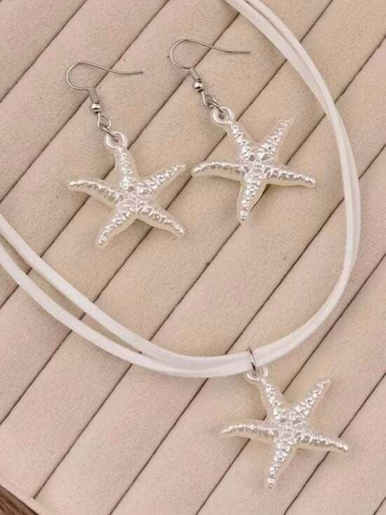 Starfish Necklace and Earrings Jewelry Set - White
