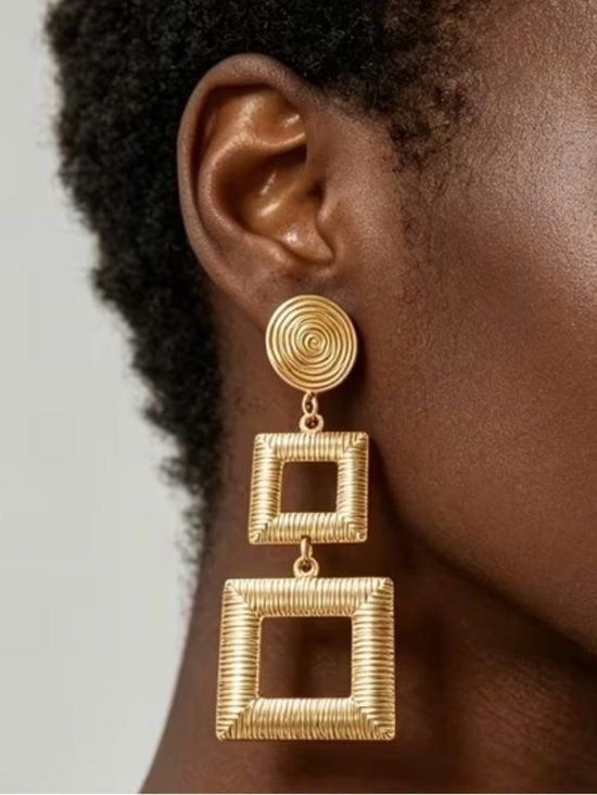Two-Tier Gold Square Drop Earrings - Women Jewelry