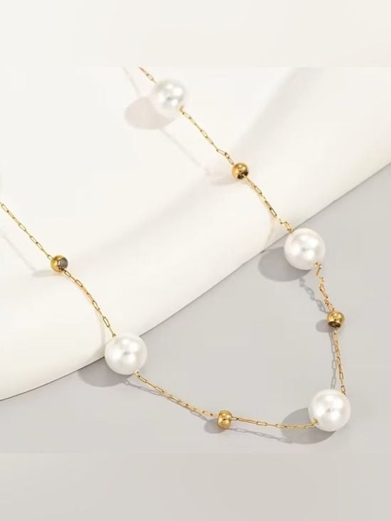 Gold Chain Pearl Station Necklace - Women Jewelry