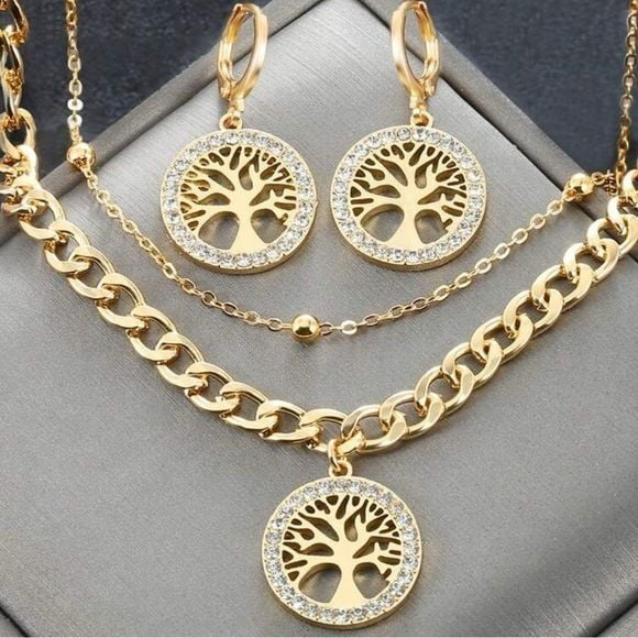 Jewelry Set Gold Tree of Life Necklace Crystal & Dangle Earrings