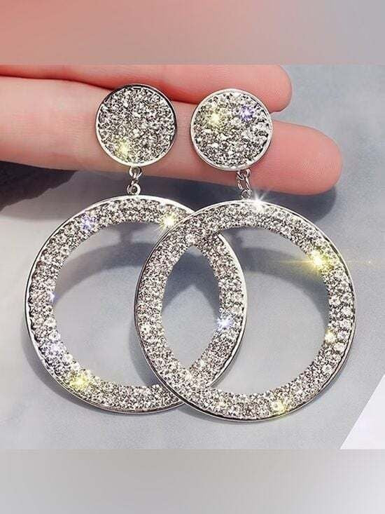 Fancy Chic Silver Crystal Hoop Drop Earrings - Sparkling Silver Statement