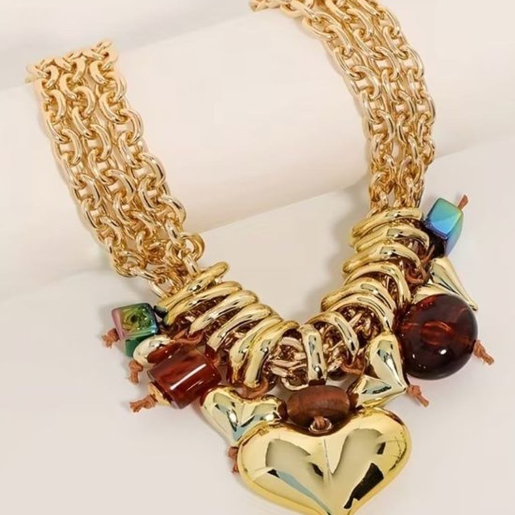 Gold Heart Charm Necklace with Green Stone Accents - Women Jewelry