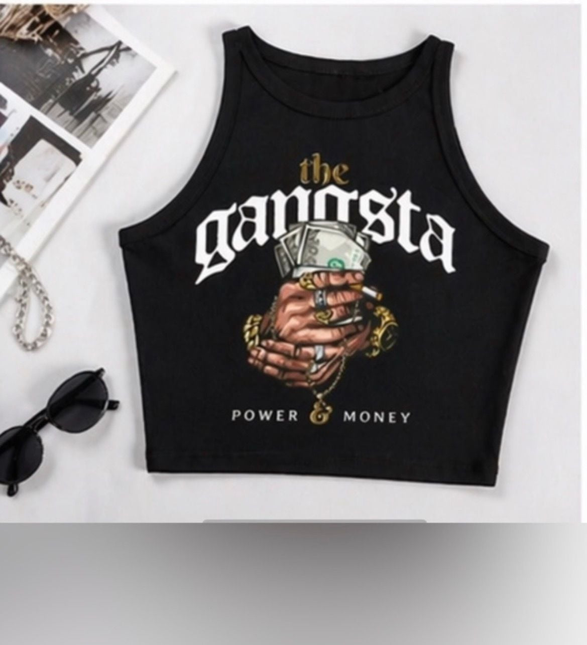 XL Black Graphic Crop Tank Top with 'The Gangsta' Print