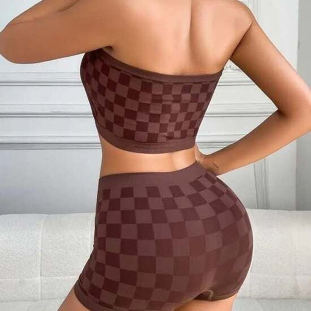 Seamless Checkerboard Strapless Crop Top in Brown