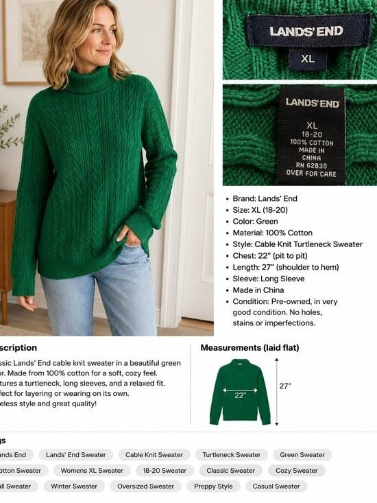 Lands' End Green Cable Knit Turtleneck Sweater XL Extra Large