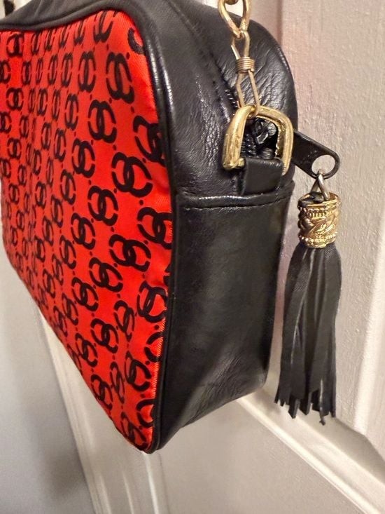 Black & Red Chain Shoulder Bag with Logo Print