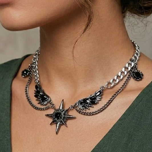 Antique Silver Star & Wing Layered Pendant Necklace