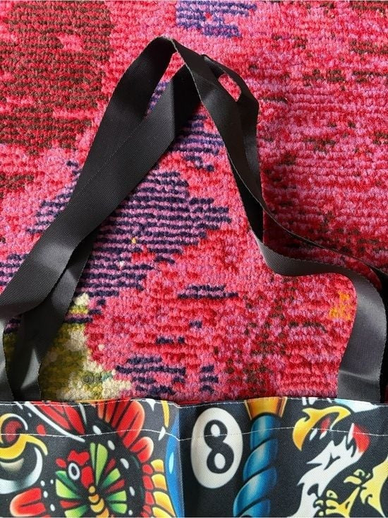 Tattoo-Style Black Multi Tote Bag with Heart & Rose Motifs