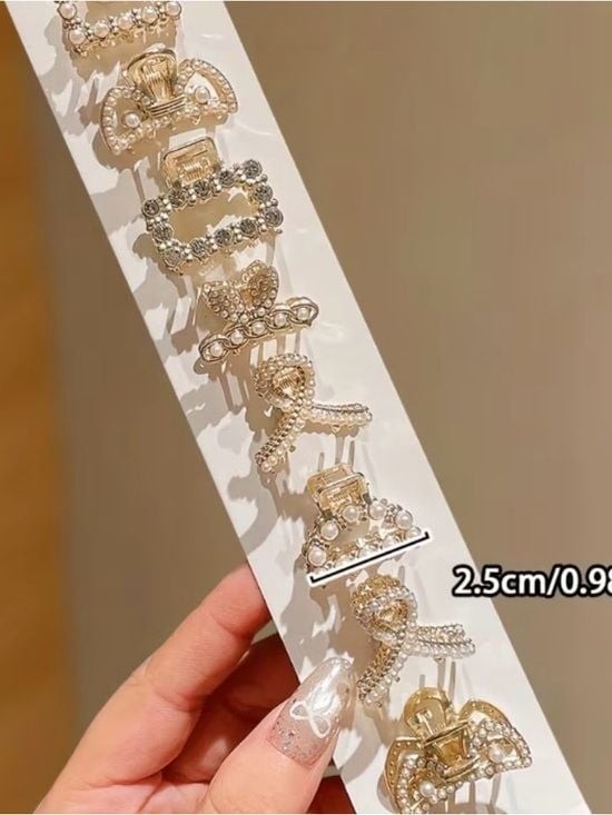 Gold Pearl & Crystal Mini Hair Claw Set - Gold Tone
