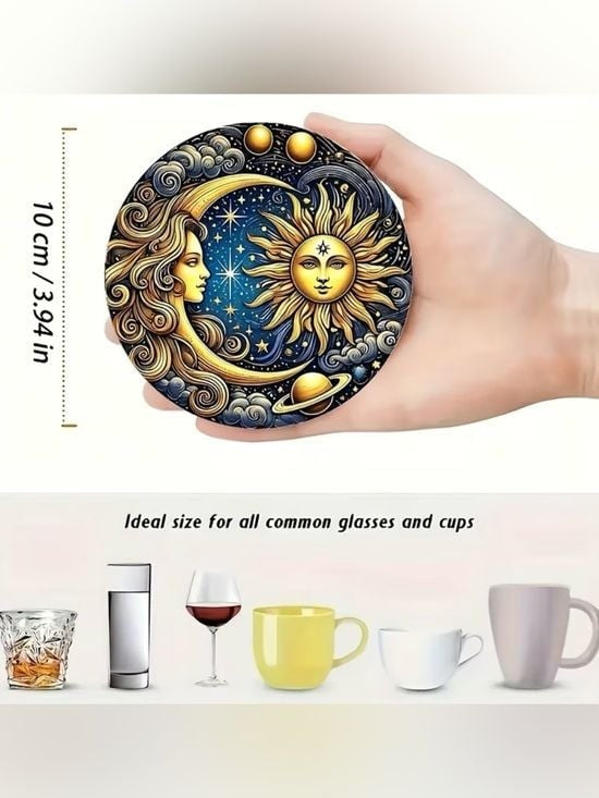 8 Piece Celestial Sun & Moon Round Drink Coasters – Multicolor Set