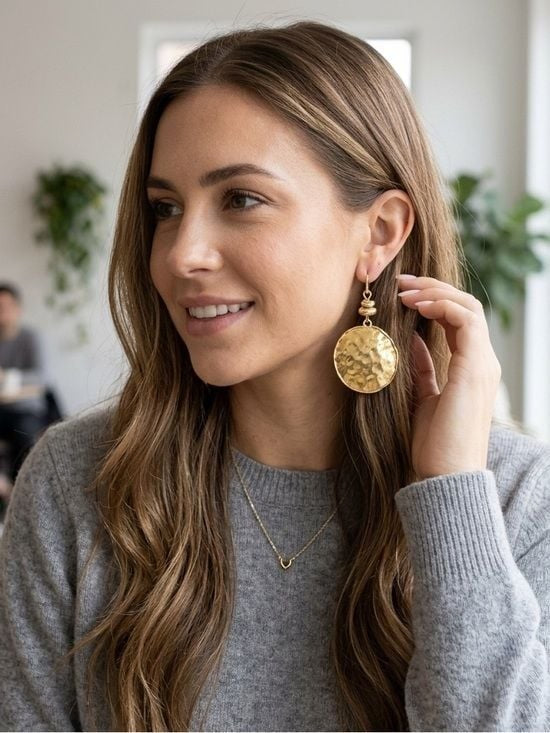 Hammered Gold Disc Drop Earrings - Women Jewelry