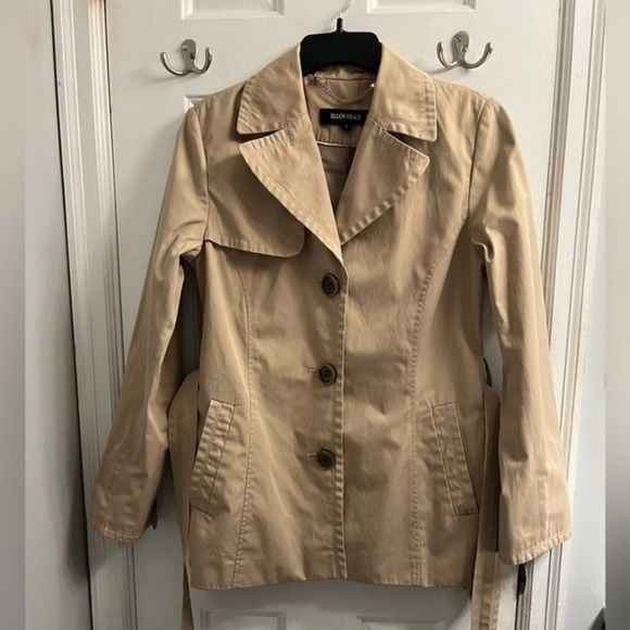ELLEN TRACY Shirt Khaki Belted Hooded Trench Coat Sz Small