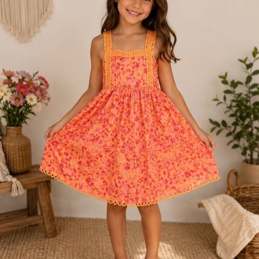 Joiie Orange Pink Patterned Kids A Line Dress  Sz 8