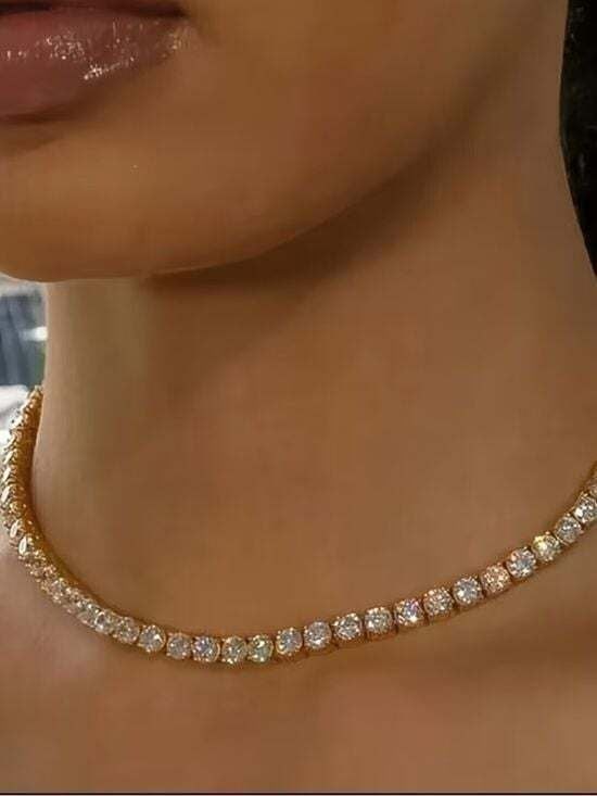 Gold Crystal Tennis Necklace with Clear Stones - Women Jewelry