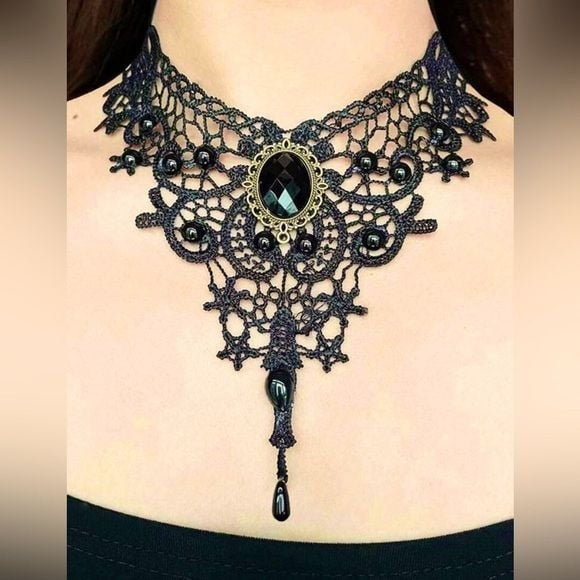 Lulu’s Black Lace Black Stone Choker Necklace