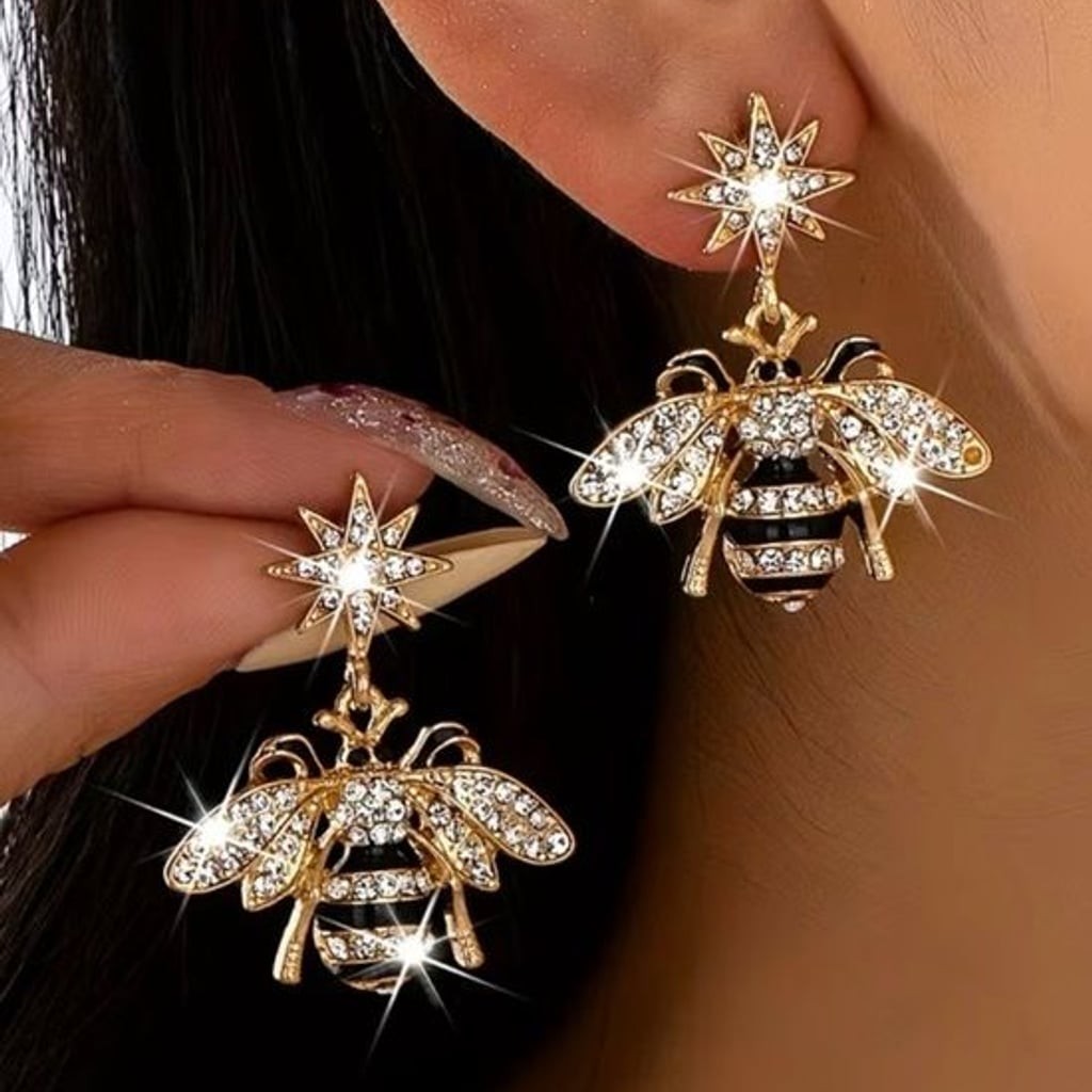 Gold Crystal Bee Drop Earrings - Women's Gold Bee Jewelry
