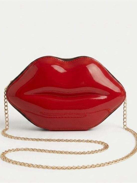 Glossy Red Lip-Shaped Crossbody Bag with Gold Chain