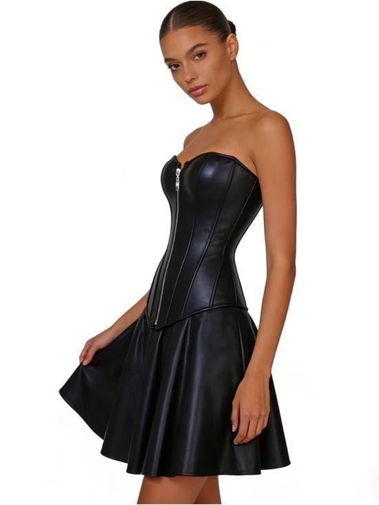 Strapless Black Faux Leather Zip-Front Corset Top 2XL