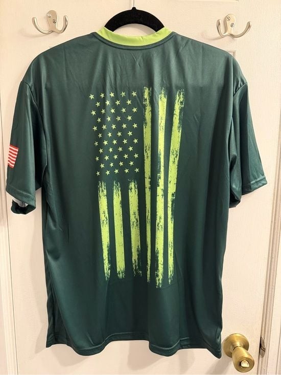 Unisex Dark Green Short-Sleeve Performance Shirt with Lime Flag Graphic