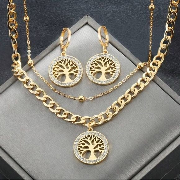 Jewelry Set Gold Tree of Life Necklace Crystal & Dangle Earrings
