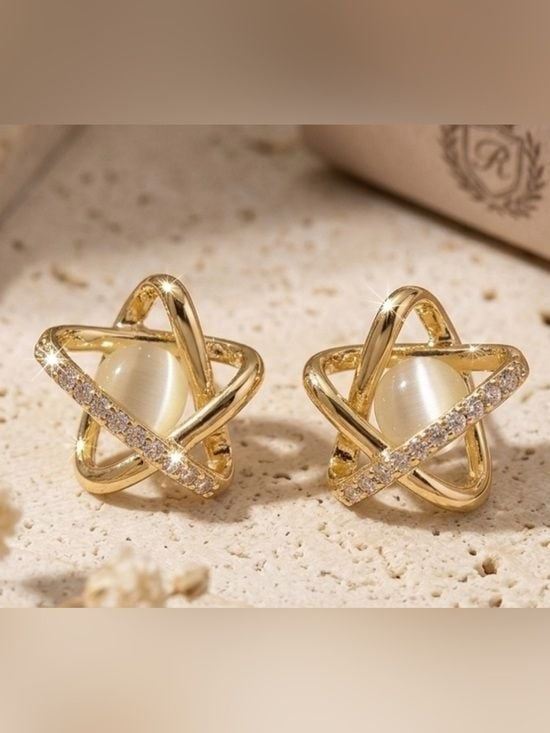 Gold Pearl Orbit Stud Earrings for Women