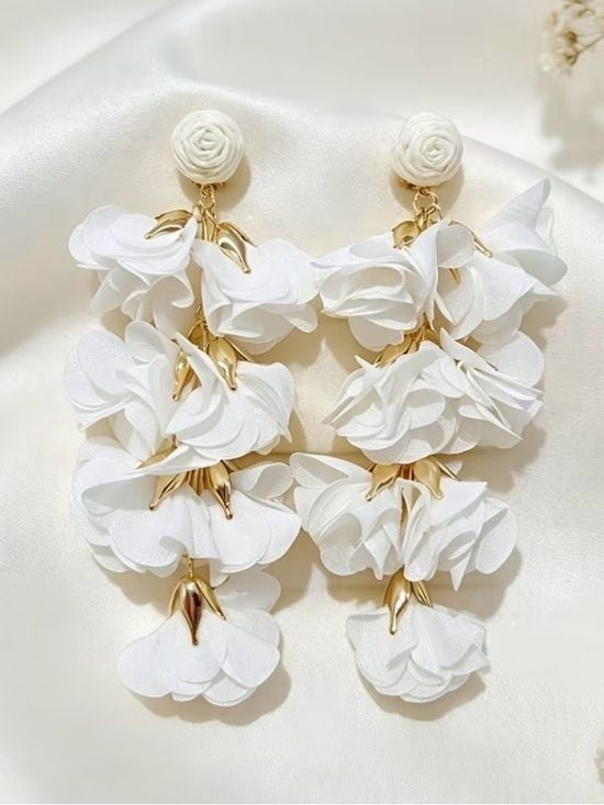 White Floral Cascade Drop Earrings with Gold Accents