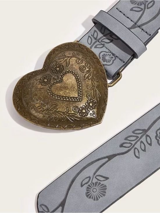 Heart Buckle Embossed Leather Waist Belt in Grey Medium