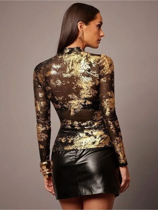 Sheer Long-Sleeve Top with Brocade Metallic Gold Foil - Women Large