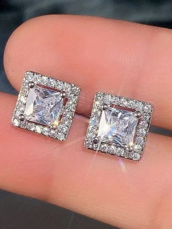 Unisex Square Halo Cubic Zirconia Stud Earrings - Silver Tone