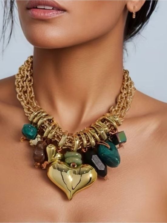 Statement Gold Multi-Chain Heart Pendant Necklace | Chunky Charm Bib Necklace