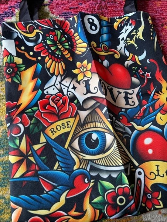 Tattoo-Style Black Multi Tote Bag with Heart & Rose Motifs