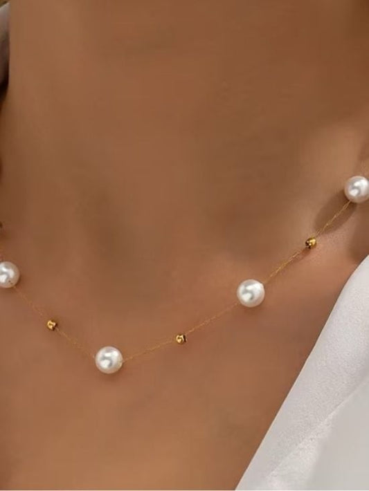 Gold Chain Pearl Station Necklace - Women Jewelry