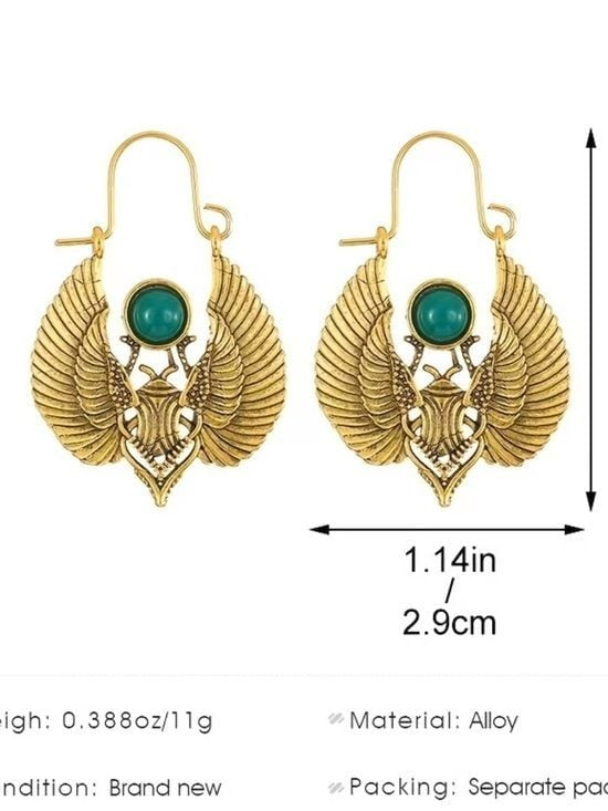 Gold Winged Scarab Earrings with Green Gemstone - Women Jewelry