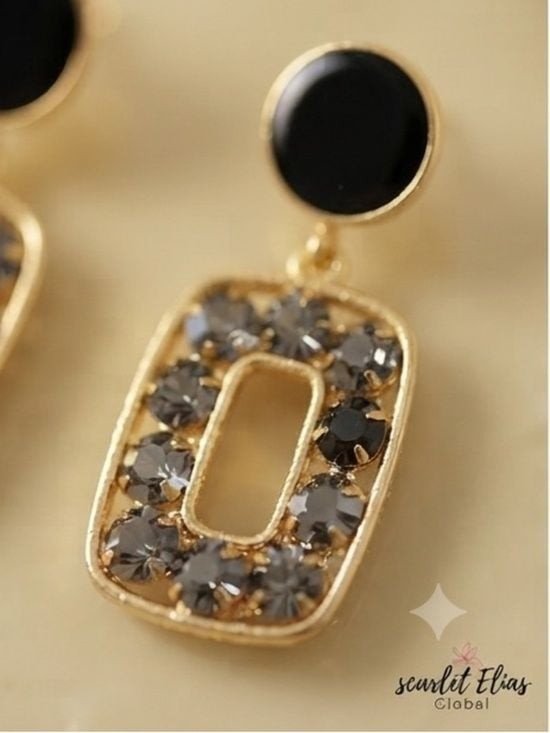 NWT Luxe Gold Dangle Earrings with Black Statement Gems