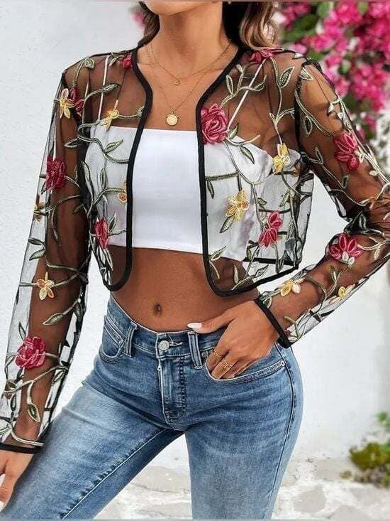 Embroidered Sheer Floral Cropped Cardigan - Black with Red & Gold Flowers Large
