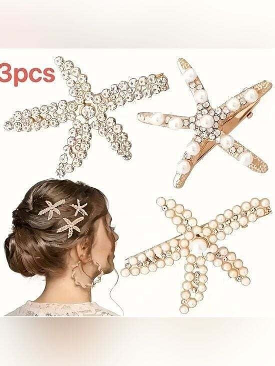 3 Pearl & Crystale Starfish Hair Clips - Women Accessories Bridal Vacation Chic