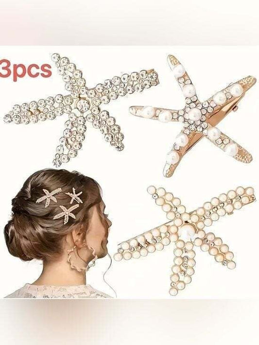 3 Pearl & Crystale Starfish Hair Clips - Women Accessories Bridal Vacation Chic