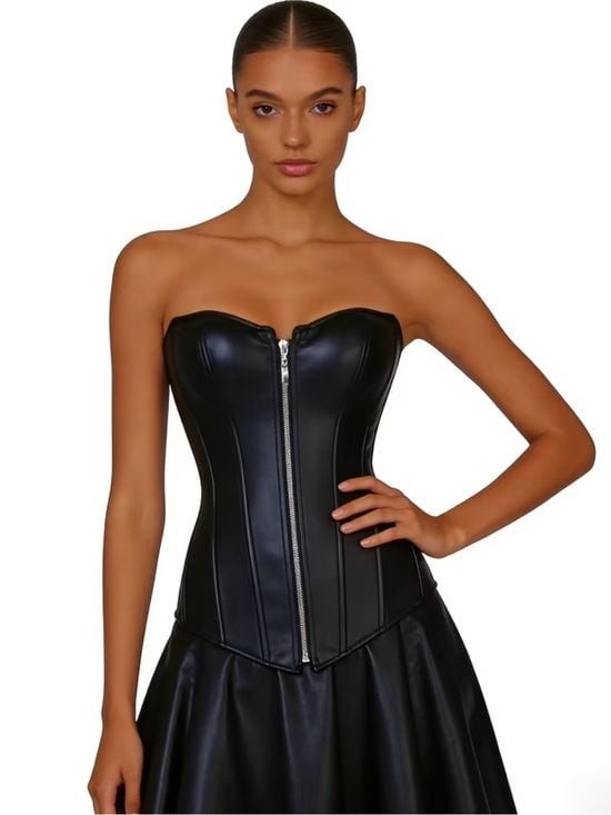 Strapless Black Faux Leather Zip-Front Corset Top 2XL