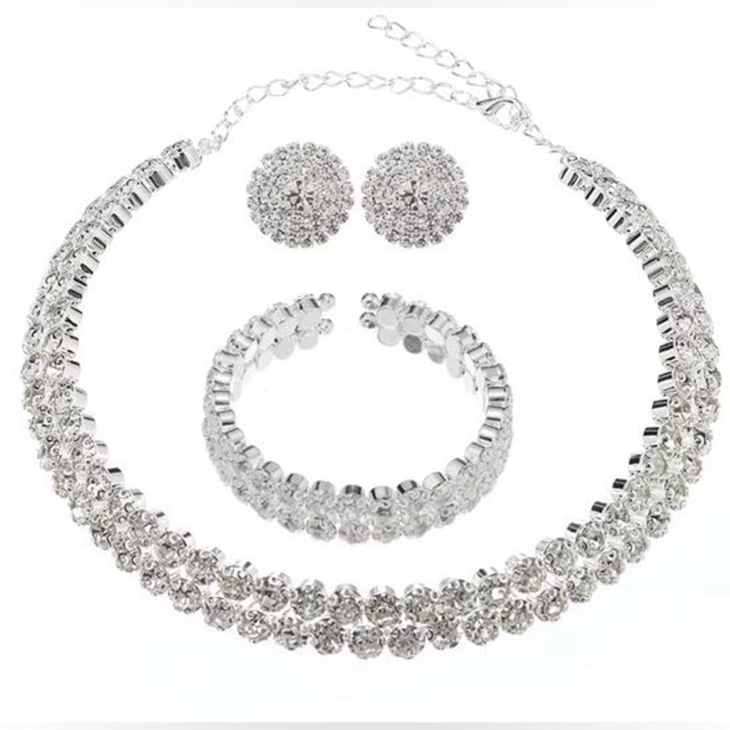 Crystal Pavé Silver-Tone Necklace and Bracelet Set - Elegant White Sparkle