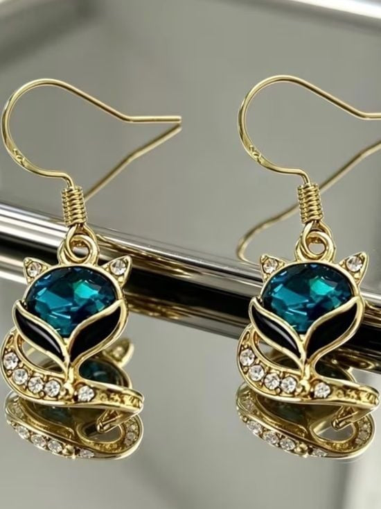 Gold-Plated Teal Crystal Fox Dangle Earrings