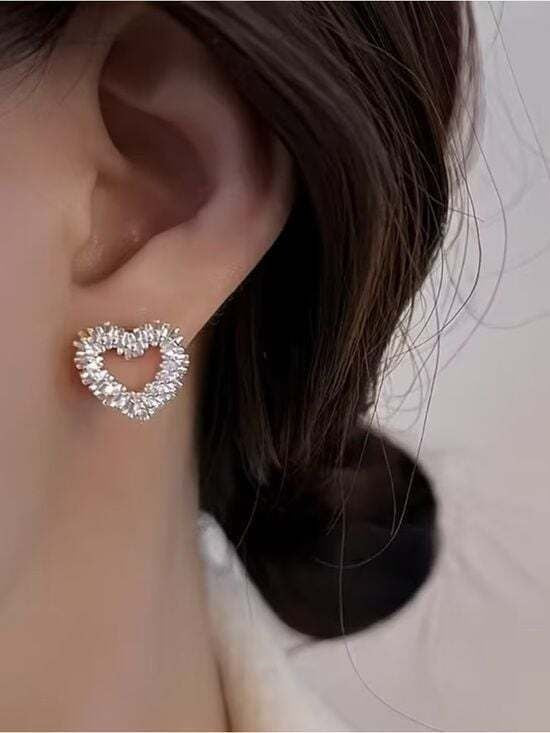Silver Heart Halo Stud Earrings with Clear Crystals