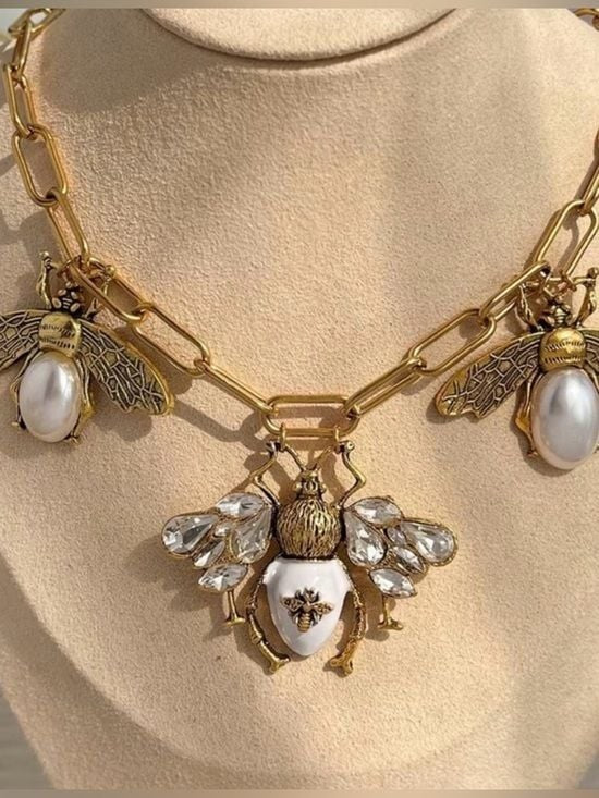 Gold Bee Pendant Necklace with White Pearl and Crystal Accents