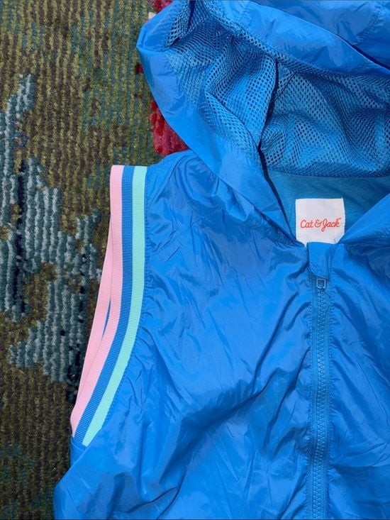 Cat & Jack Bright Blue Hooded Sleeveless Jacket with Pastel Stripe Trim 10/12 L