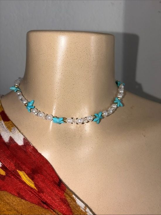 Turquoise Flower & Pearl Beaded Choker Necklace