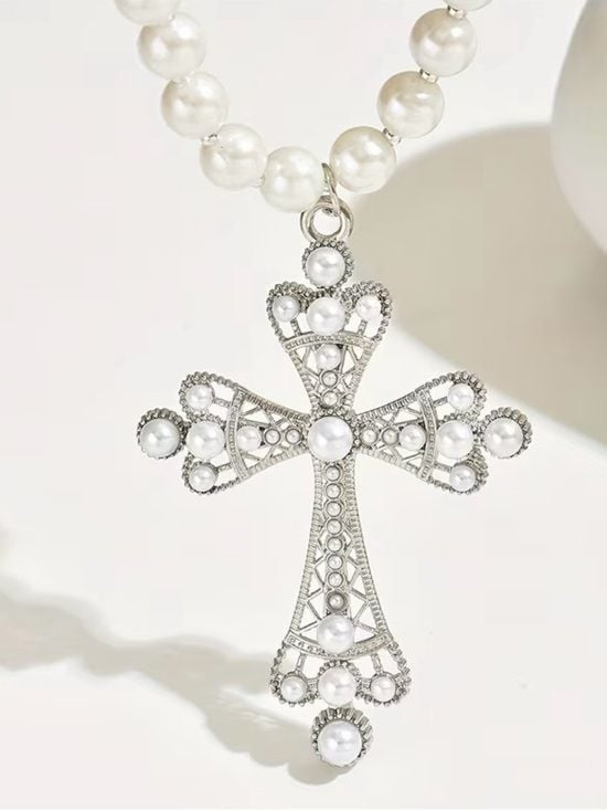Statement Pearl Cross Pendant Necklace - Elegant White Pearls