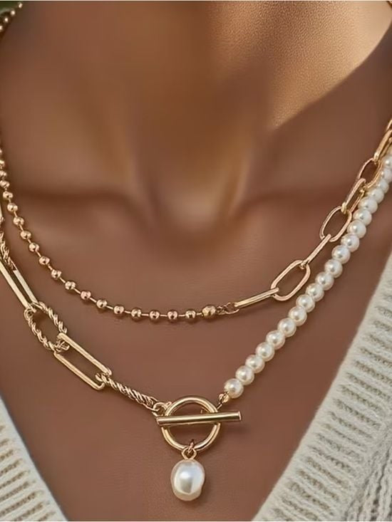 Gold Pearl Toggle Layered Necklace - Unbranded