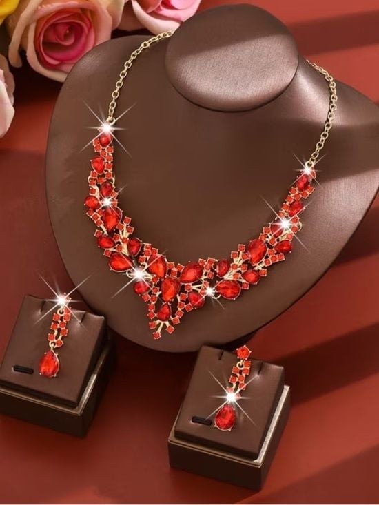 Gold-Tone Red Crystal Statement Necklace with Matching Earrings