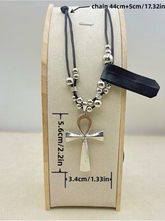 Black Leather Cord Necklace with Silver Ankh and Bead Accents